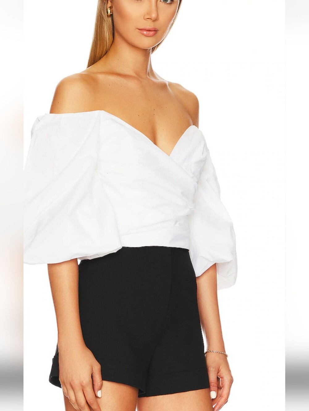 Bardot White Off-Shoulder Puff Sleeve Crop blouse size XS new with tags - Picture 2 of 14